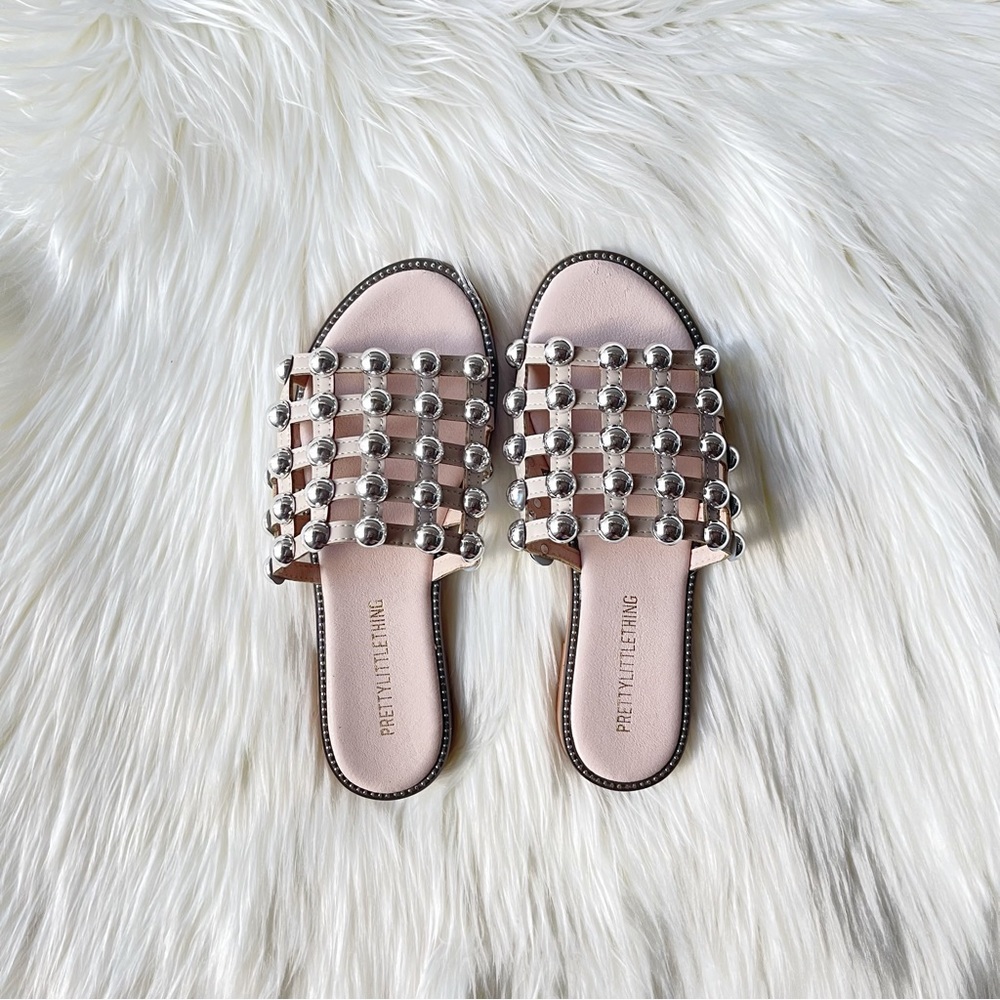 Studded faux leather nude slides